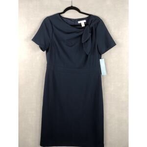 London Times Petite Women's Size 12P Bow Neck Sheath Dress Navy NEW